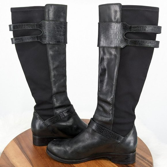 Cole Haan Tennley Knee High Boots 7.5 B Black Leather Stretch Buckles Pull On - Picture 10 of 13